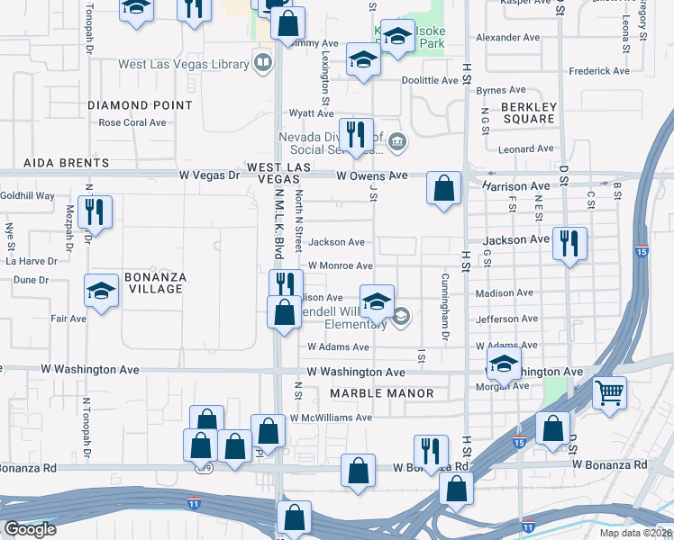 map of restaurants, bars, coffee shops, grocery stores, and more near 1243 West Monroe Avenue in Las Vegas