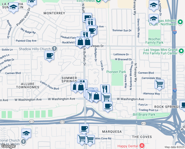 map of restaurants, bars, coffee shops, grocery stores, and more near 1150 North Buffalo Drive in Las Vegas