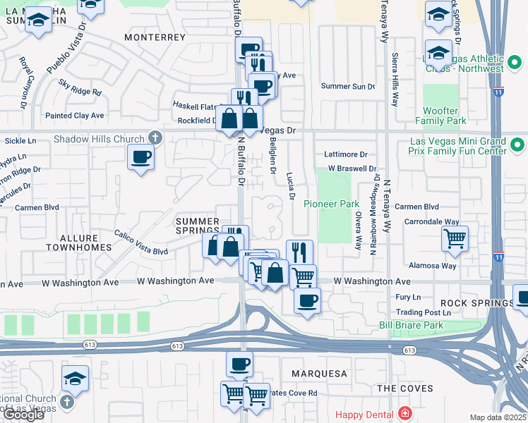 map of restaurants, bars, coffee shops, grocery stores, and more near 1150 North Buffalo Drive in Las Vegas