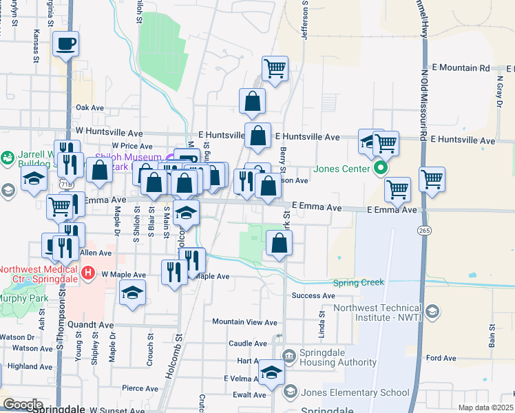 map of restaurants, bars, coffee shops, grocery stores, and more near 413 E Emma Ave in Springdale