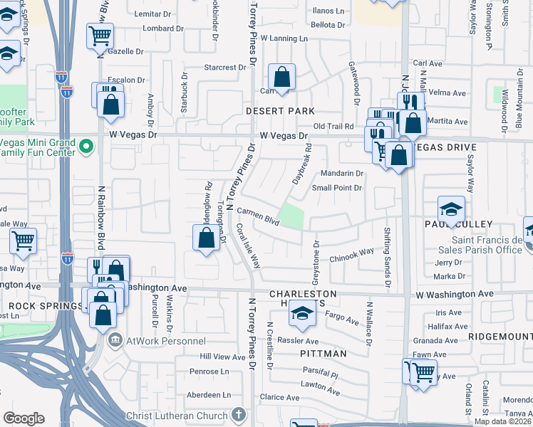 map of restaurants, bars, coffee shops, grocery stores, and more near 6385 Carmen Boulevard in Las Vegas