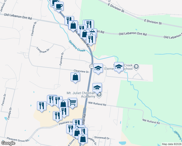 map of restaurants, bars, coffee shops, grocery stores, and more near 877-903 North Mount Juliet Road in Mount Juliet