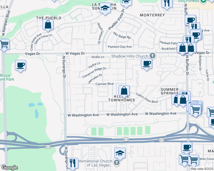 map of restaurants, bars, coffee shops, grocery stores, and more near 8104 Bay Springs Drive in Las Vegas