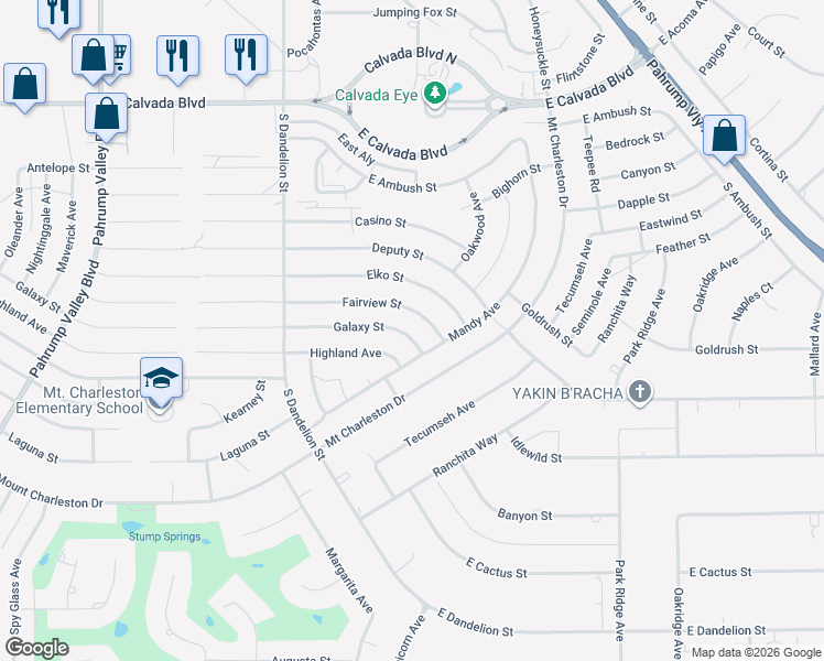map of restaurants, bars, coffee shops, grocery stores, and more near 2050 Galaxy Street in Pahrump