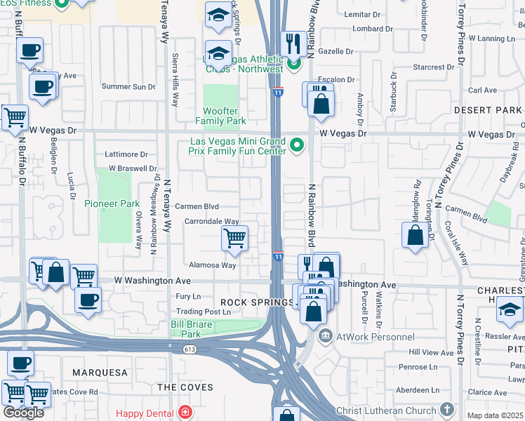 map of restaurants, bars, coffee shops, grocery stores, and more near 1129 Willow Tree Drive in Las Vegas