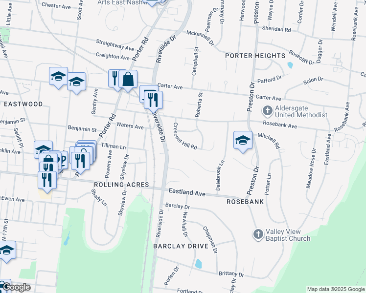 map of restaurants, bars, coffee shops, grocery stores, and more near 916 Crescent Hill Road in Nashville