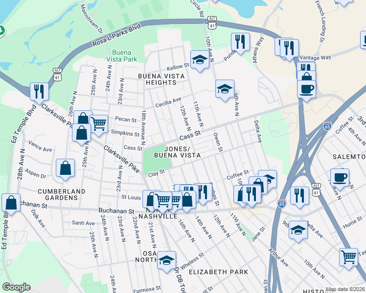 map of restaurants, bars, coffee shops, grocery stores, and more near 2015 14th Avenue in Nashville