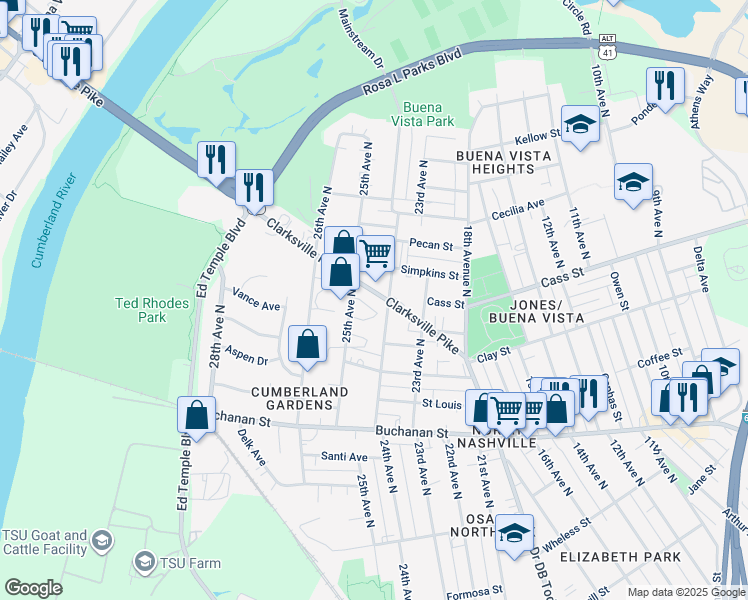 map of restaurants, bars, coffee shops, grocery stores, and more near 2030 25th Avenue North in Nashville