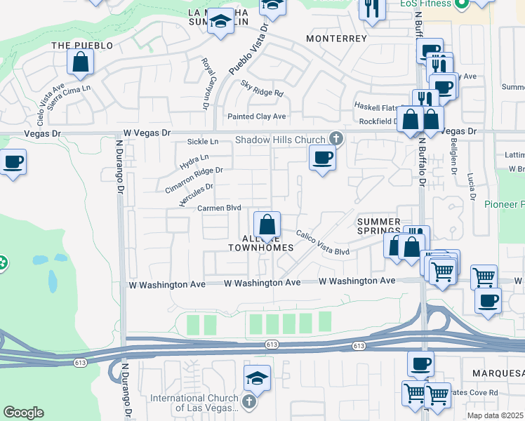 map of restaurants, bars, coffee shops, grocery stores, and more near 8016 Delightful Avenue in Las Vegas