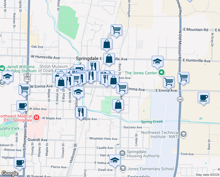 map of restaurants, bars, coffee shops, grocery stores, and more near 413 E Emma Ave in Springdale
