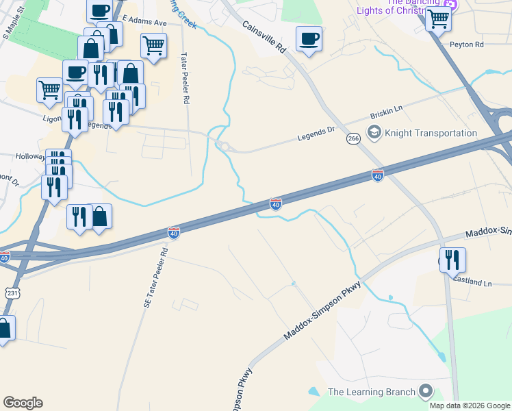 map of restaurants, bars, coffee shops, grocery stores, and more near Interstate 40 in Lebanon