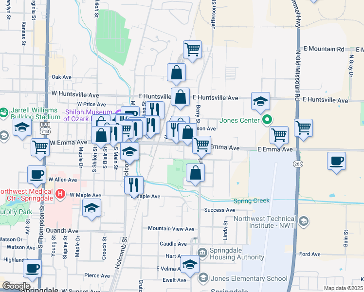 map of restaurants, bars, coffee shops, grocery stores, and more near 413 E Emma Ave in Springdale