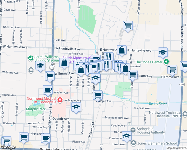 map of restaurants, bars, coffee shops, grocery stores, and more near 111 Holcomb Street in Springdale