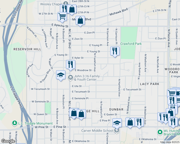 map of restaurants, bars, coffee shops, grocery stores, and more near 427 East Virgin Street in Tulsa