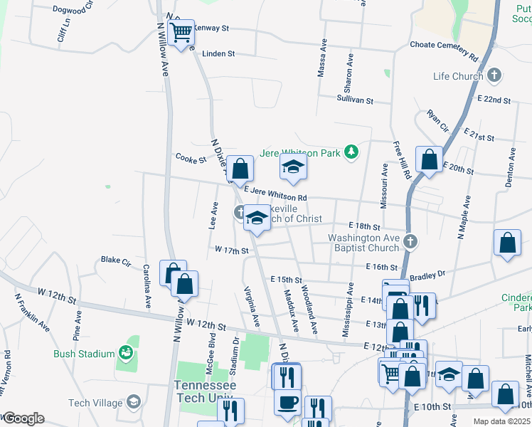 map of restaurants, bars, coffee shops, grocery stores, and more near 1820 Summerhaven Avenue in Cookeville