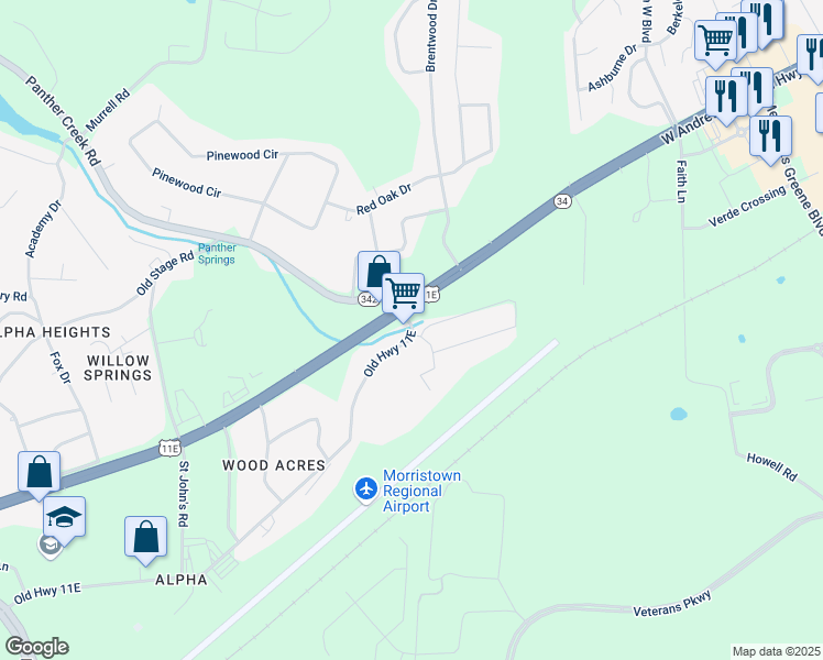 map of restaurants, bars, coffee shops, grocery stores, and more near 5130 Old Highway 11E in Morristown