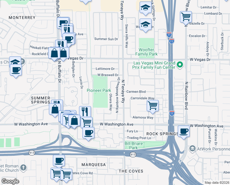 map of restaurants, bars, coffee shops, grocery stores, and more near 1213 North Rainbow Meadows Drive in Las Vegas