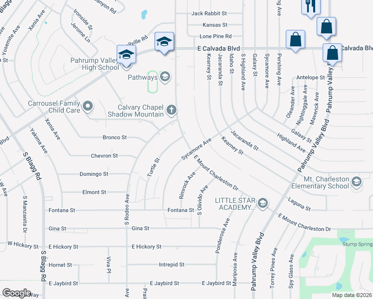 map of restaurants, bars, coffee shops, grocery stores, and more near 2360 South Mount Charleston Drive in Pahrump