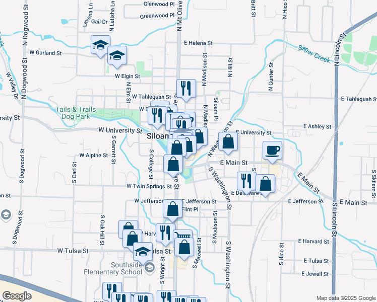 map of restaurants, bars, coffee shops, grocery stores, and more near 119 South Broadway Street in Siloam Springs