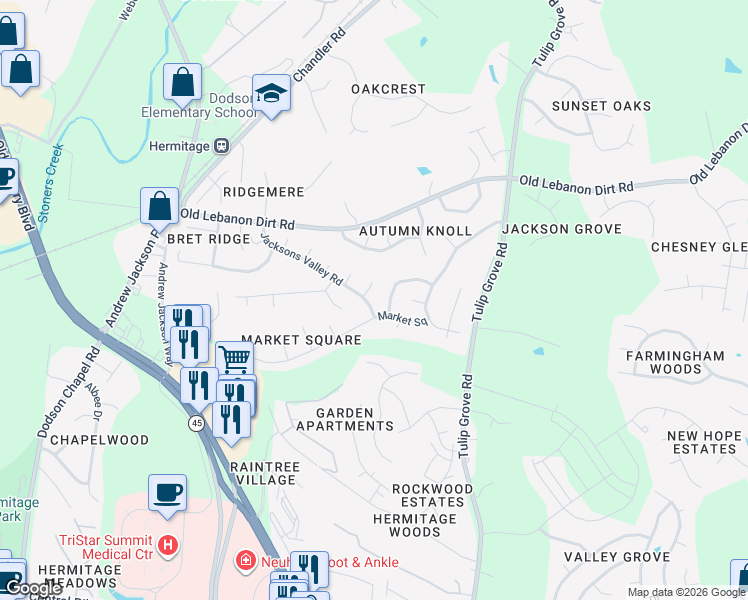 map of restaurants, bars, coffee shops, grocery stores, and more near 1128 Jacksons Valley Road in Nashville