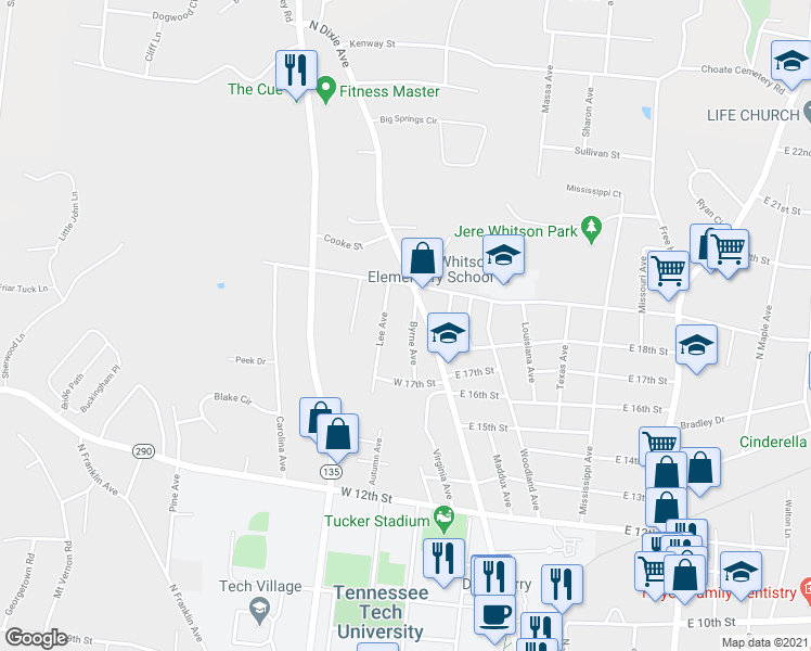 map of restaurants, bars, coffee shops, grocery stores, and more near 1814 Byrne Avenue in Cookeville