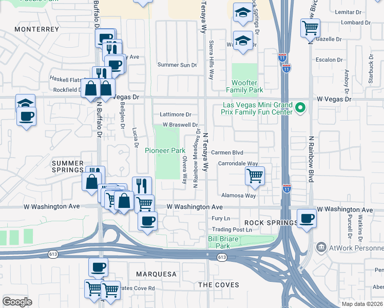 map of restaurants, bars, coffee shops, grocery stores, and more near 1213 North Rainbow Meadows Drive in Las Vegas