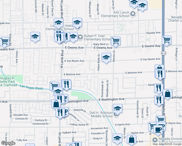 map of restaurants, bars, coffee shops, grocery stores, and more near 1401 Briarcreek Circle in Las Vegas