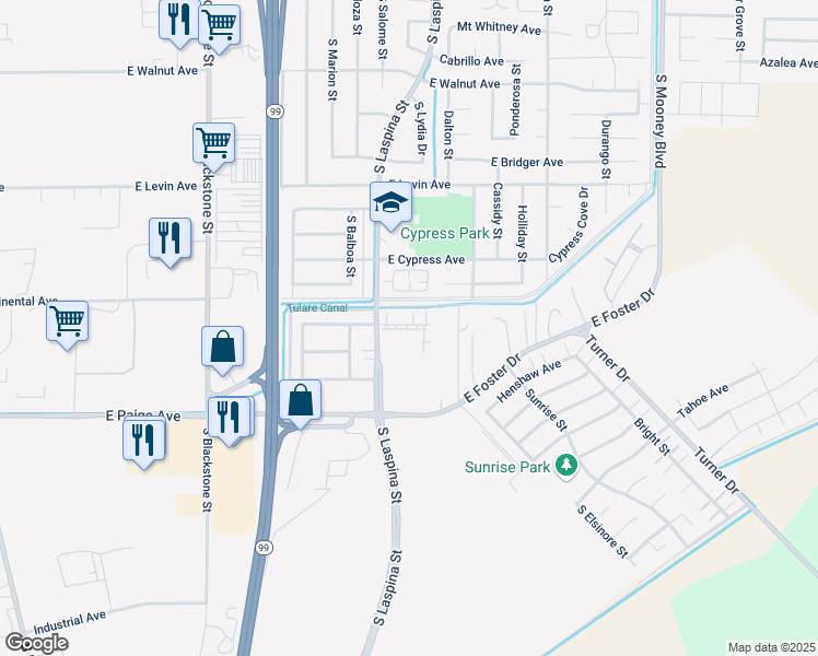 map of restaurants, bars, coffee shops, grocery stores, and more near 2100 South Laspina Street in Tulare