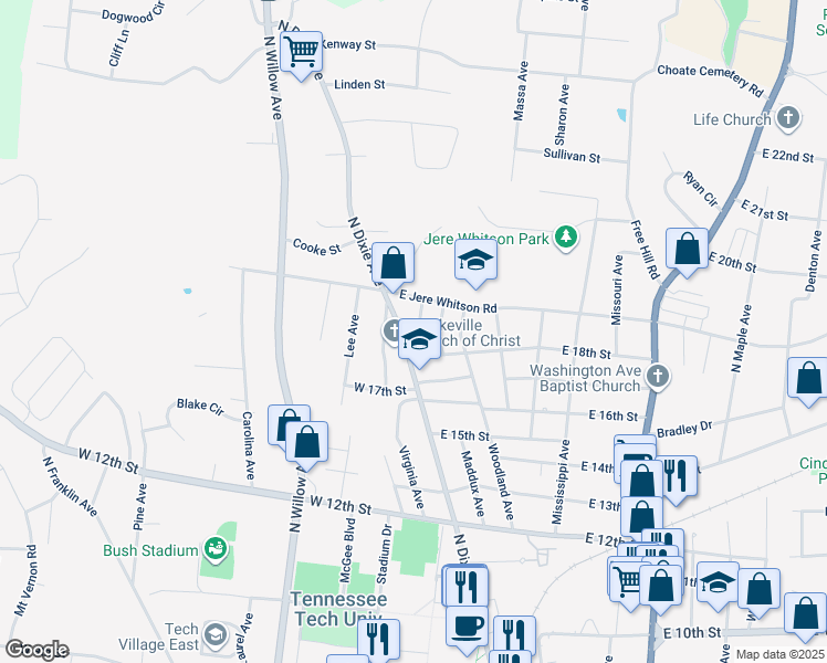 map of restaurants, bars, coffee shops, grocery stores, and more near 22 B East 18th Street in Cookeville