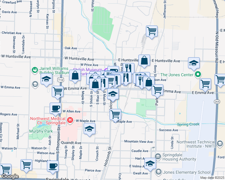 map of restaurants, bars, coffee shops, grocery stores, and more near 111 Holcomb Street in Springdale