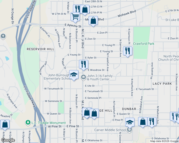 map of restaurants, bars, coffee shops, grocery stores, and more near 223 East Virgin Street in Tulsa