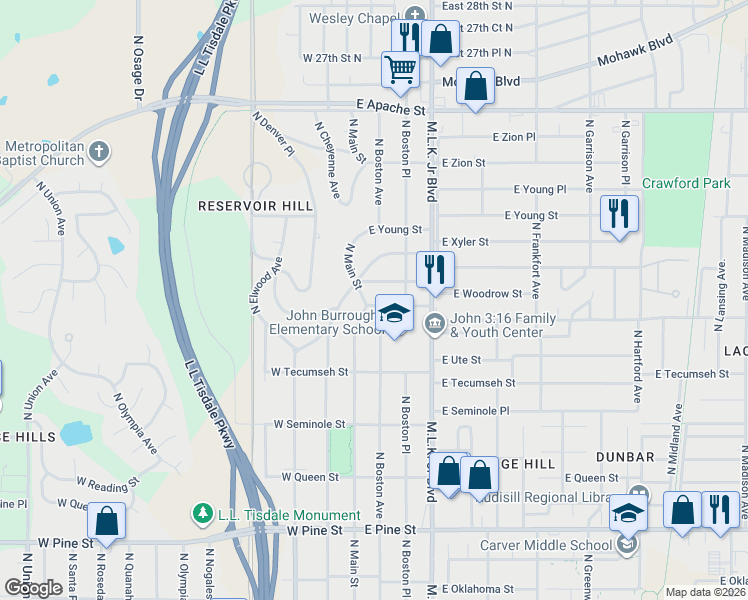 map of restaurants, bars, coffee shops, grocery stores, and more near 1970 North Boston Place in Tulsa