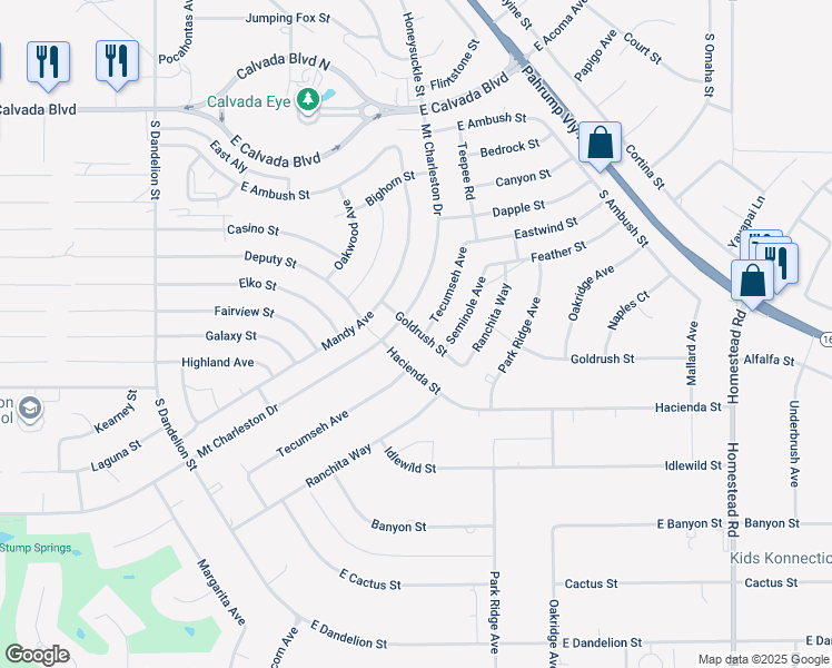 map of restaurants, bars, coffee shops, grocery stores, and more near 2331 Goldrush Street in Pahrump