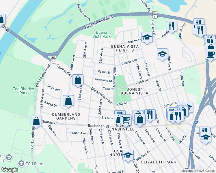 map of restaurants, bars, coffee shops, grocery stores, and more near 1719 Cass Street in Nashville
