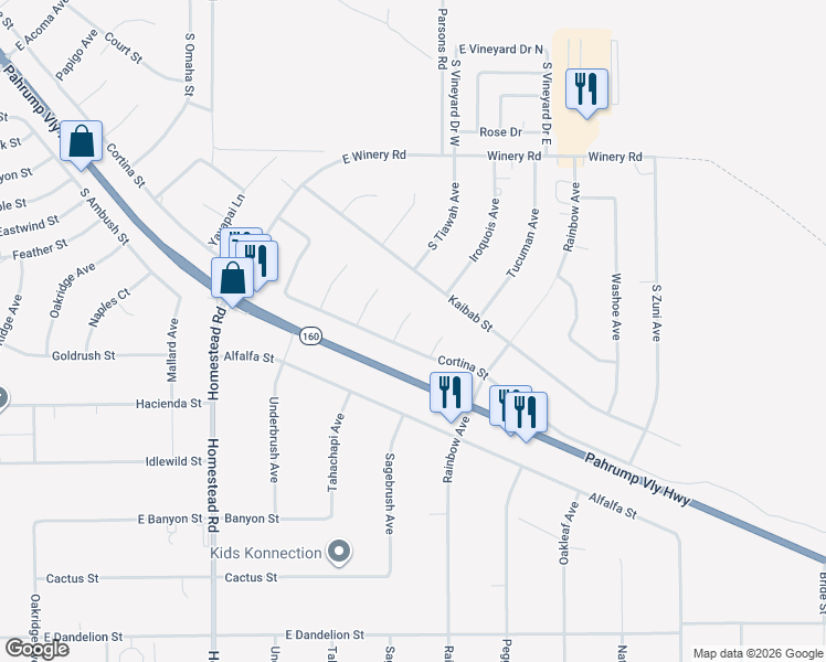 map of restaurants, bars, coffee shops, grocery stores, and more near 2381 Crow Lane in Pahrump