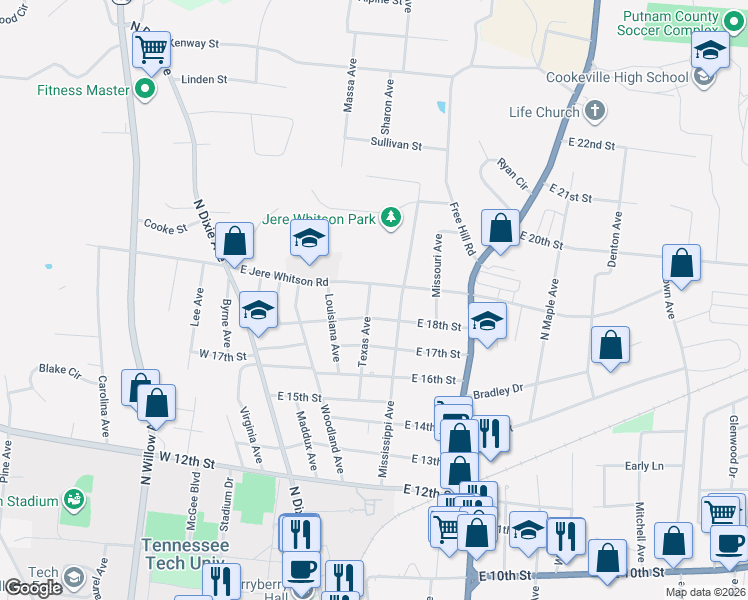 map of restaurants, bars, coffee shops, grocery stores, and more near 254 East 18th Street in Cookeville