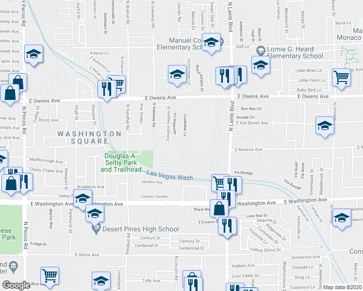 map of restaurants, bars, coffee shops, grocery stores, and more near 2501 Linnbaker Lane in Las Vegas