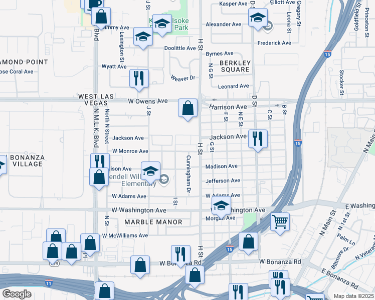 map of restaurants, bars, coffee shops, grocery stores, and more near 1214 I Street in Las Vegas