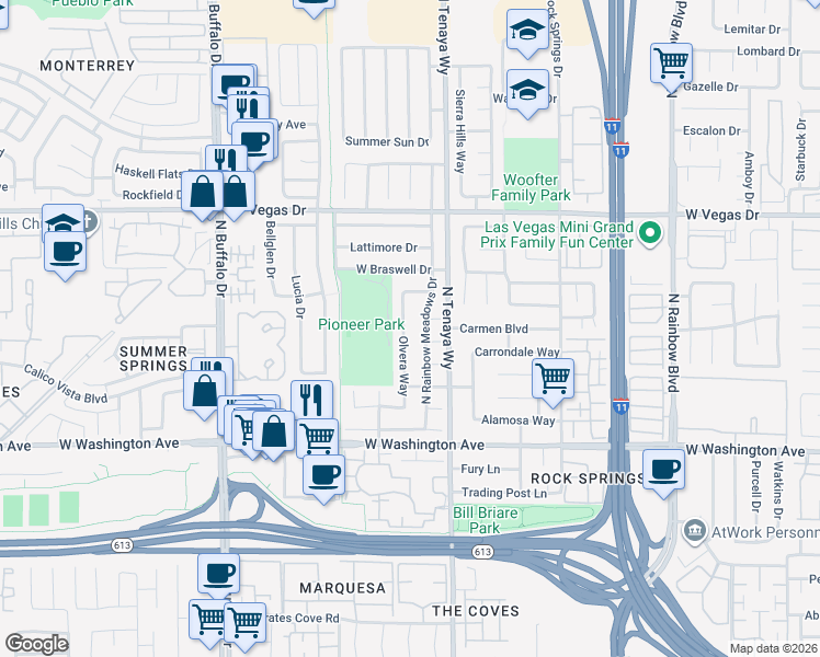 map of restaurants, bars, coffee shops, grocery stores, and more near 1200 Olvera Way in Las Vegas