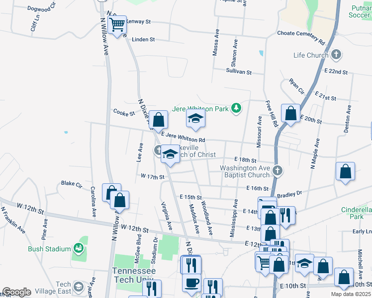 map of restaurants, bars, coffee shops, grocery stores, and more near 1800 Woodland Avenue in Cookeville