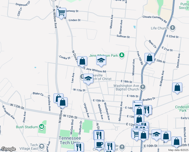 map of restaurants, bars, coffee shops, grocery stores, and more near 1800 Woodland Avenue in Cookeville