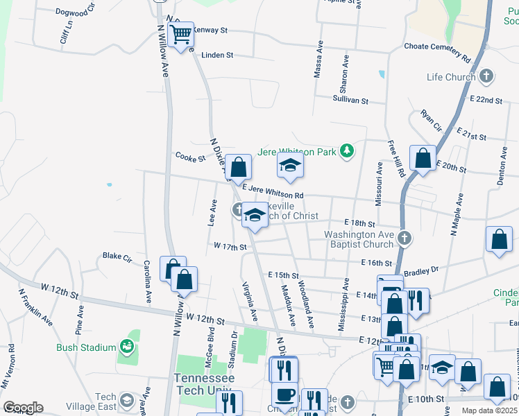 map of restaurants, bars, coffee shops, grocery stores, and more near 22 B East 18th Street in Cookeville