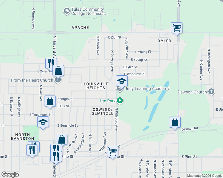 map of restaurants, bars, coffee shops, grocery stores, and more near 4004 East Virgin Place in Tulsa