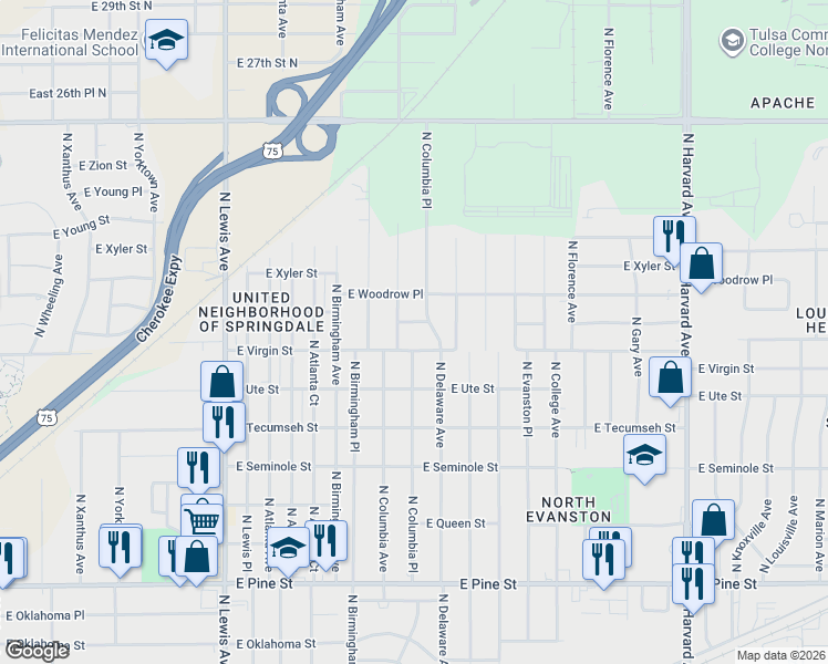 map of restaurants, bars, coffee shops, grocery stores, and more near 2717 East Virgin Street in Tulsa