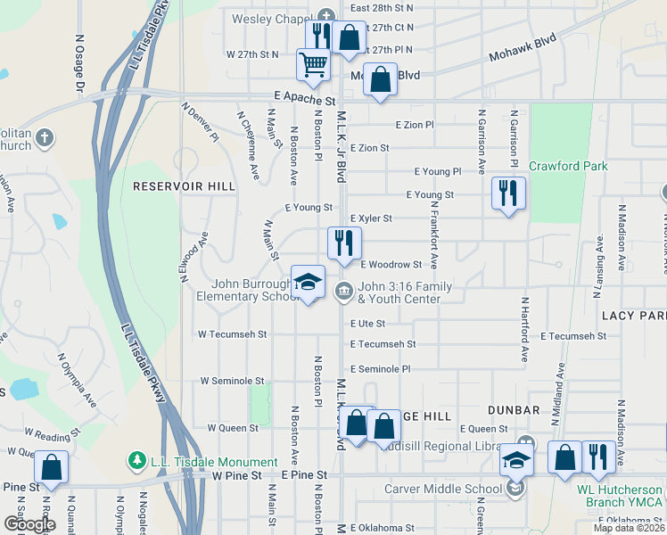 map of restaurants, bars, coffee shops, grocery stores, and more near 1968 North Cincinnati Avenue in Tulsa