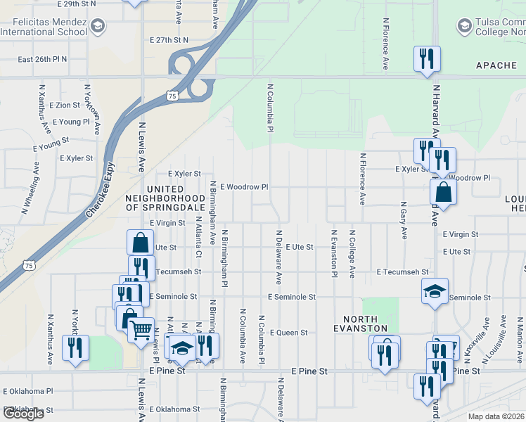 map of restaurants, bars, coffee shops, grocery stores, and more near 2717 East Virgin Street in Tulsa