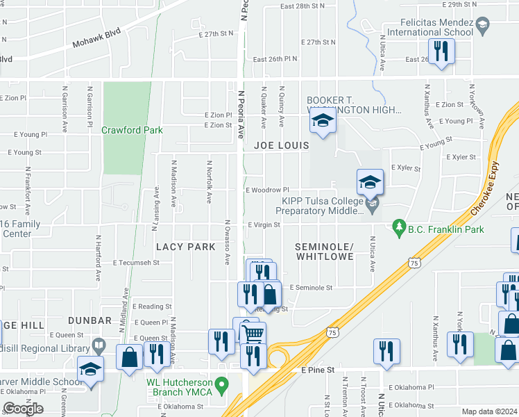 map of restaurants, bars, coffee shops, grocery stores, and more near 2122 North Quaker Avenue in Tulsa