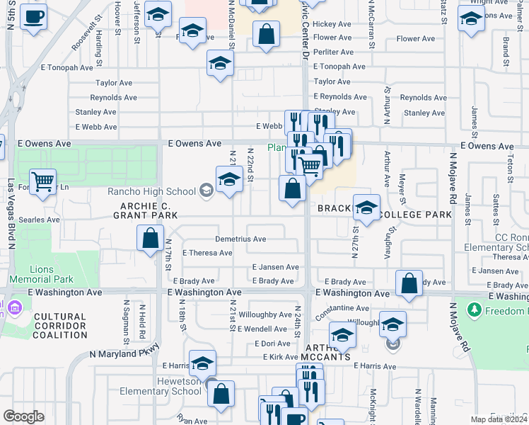 map of restaurants, bars, coffee shops, grocery stores, and more near 1301 North 23rd Street in Las Vegas