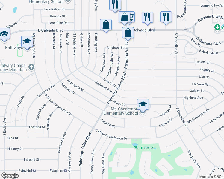 map of restaurants, bars, coffee shops, grocery stores, and more near 1270 Highland Avenue in Pahrump