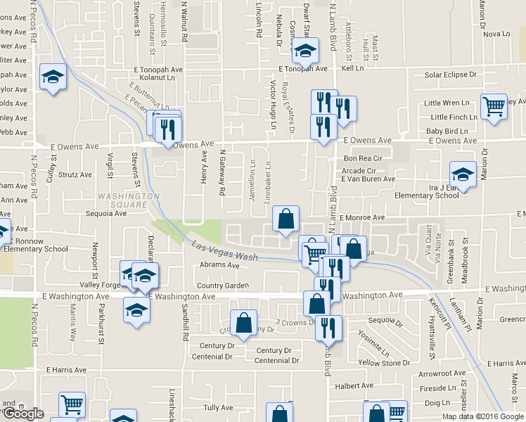 map of restaurants, bars, coffee shops, grocery stores, and more near 1401 Linnbaker Lane in Las Vegas